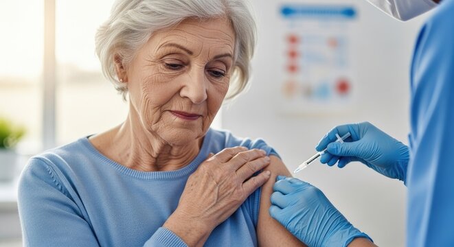 An elderly woman receiving a vaccine injection from a healthcare professional.