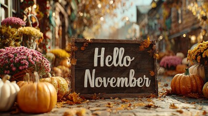 Radiant autumn essence: a november greeting in nature's palette. Promotional poster. An autumn display with shifted pumpkins and enhanced leaf colors. Hero poster. Advertising photo.