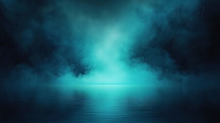Mysterious mist rising above calm water surface under dark blue atmospheric sky