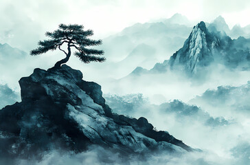 Misty Mountain Landscape with a Solitary Pine