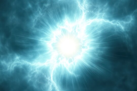 Bright white light at the center emitting blue lightning bolts and radiant beams through a dark cloudy sky, evoking a powerful and electrifying atmosphere