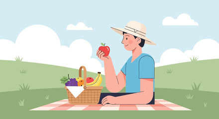 Joyful Moment: Man With Hat In A Picnic Enjoying Fruit And Nature's Refreshment