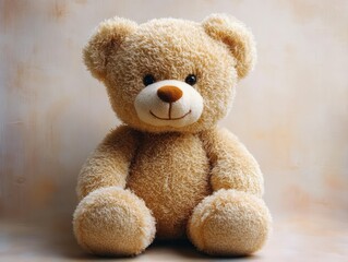 Obraz premium Soft light brown teddy bear with a warm and friendly smile sitting upright in front of a neutral beige background