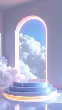 Surreal Cloud Portal with Neon Light and Step in White Room
