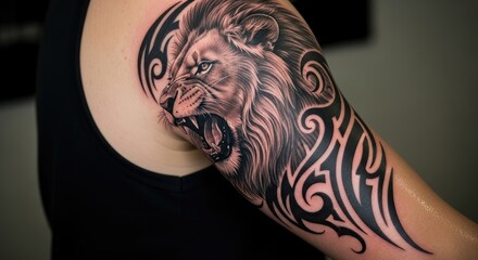 A tattoo of a fierce lion with tribal patterns on an arm.