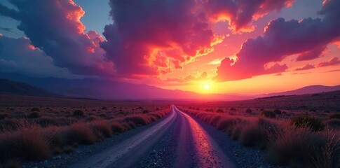 Dramatic Crossroads Sunset Vibrant Sky, Converging Paths, Serene Adventure