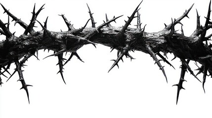 Close-up of a dark, rough textured branch densely covered with sharp, long thorns against a white background