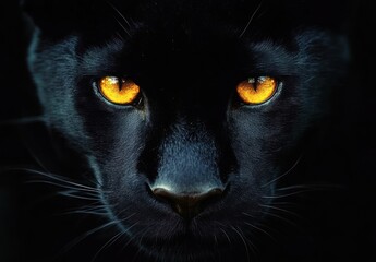 Close-up of a black panther face with intense glowing yellow-orange eyes in dark lighting creating a mysterious and powerful mood