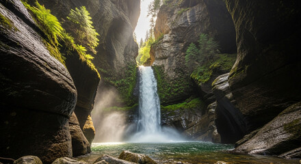 Majestic waterfall cascading through a narrow canyon, sunlight filtering through the opening, creating a serene and enchanting natural scene, lush greenery