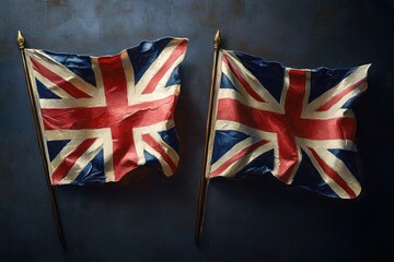 Two vintage British flags on poles waving against a dark textured background, evoking a sense of history and patriotism