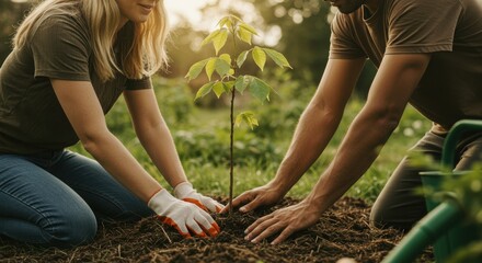 Couple planting a sapling together, symbolizing growth and environmental stewardship