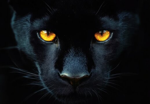 Close-up of a black panther face with intense glowing yellow-orange eyes in dark lighting creating a mysterious and powerful mood - Powered by Adobe