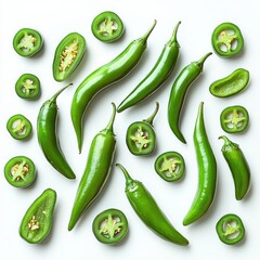 Fresh whole and sliced green chili peppers arranged on a white background highlighting their seeds and vibrant texture