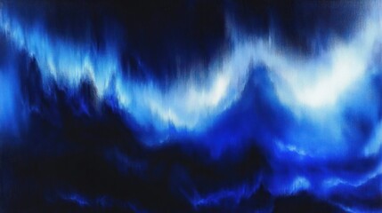 Abstract digital artwork featuring vibrant flowing blue and white waves resembling an ocean or stormy night sky with dynamic light and shadow effects