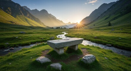 Stone bench in mountain valley with sunset and flowing stream