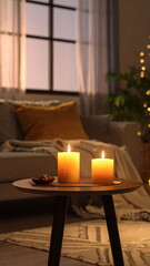Cozy Living Room with Burning Candles and Warm Light Ambiance