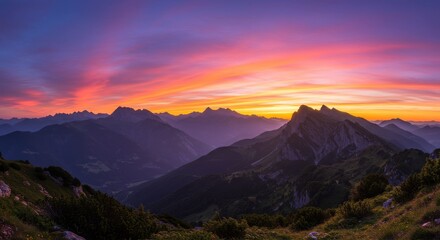 Fiery alpine sunset jagged peaks silhouetted against a vibrant sky