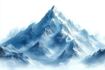 Majestic snow-covered mountain range with sharp peaks emerging from mist and clouds, evoking a sense of calm and grandeur