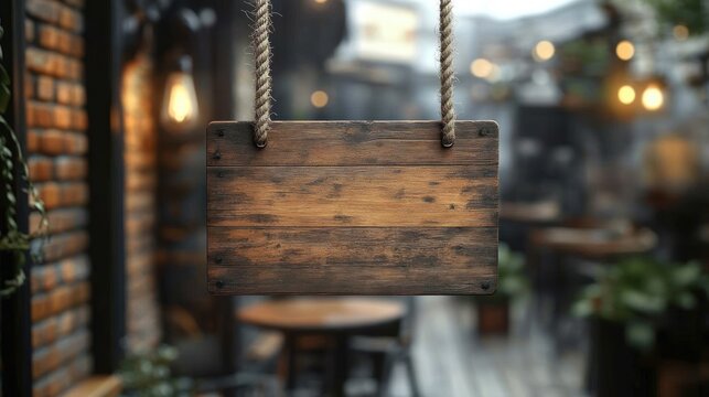 empty rustic wooden signboard hanging by thick rope with blurred cafe background featuring warm lights and wooden furniture
