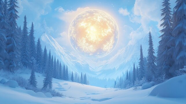 A glowing large orb resembling a sun or moon above a snow-covered forest valley with tall pine trees and snowy mountains under a cloudy blue sky