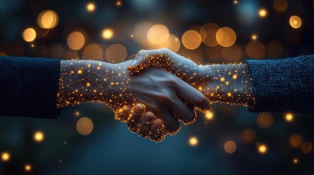 Two hands shaking with digital glowing connections and network patterns illustrating a futuristic or technological partnership