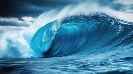 Massive curling ocean wave with vivid blue water forming a tunnel under a cloudy sky, demonstrating raw natural power and dynamic motion