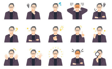 おしゃれなシニア世代のビジネスマンの様々な表情イラストセット。フラットデザイン。