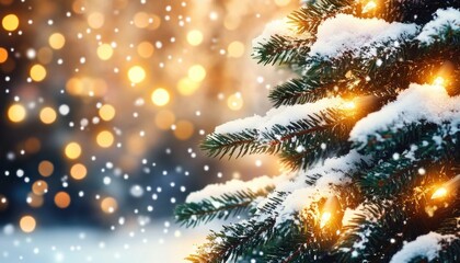 Close-up of snow-covered evergreen tree branches with glowing warm lights and soft falling snow against a blurred golden bokeh background