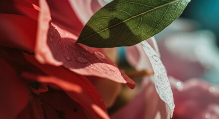 Dew-kissed petals and leaf a macro view of nature's delicate beauty