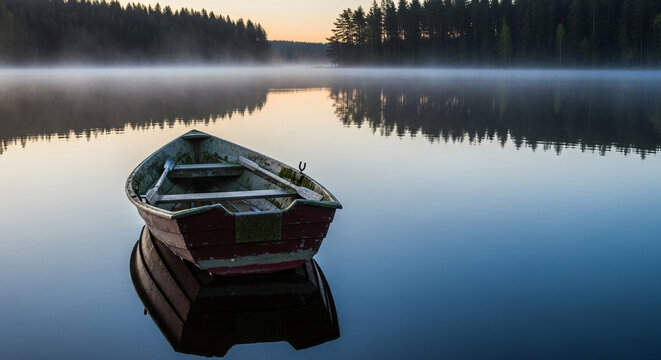 Serene lake scene at dawn featuring a weathered rowboat gently floating on calm water, reflecting the misty shoreline and silhouette of the forest - Powered by Adobe