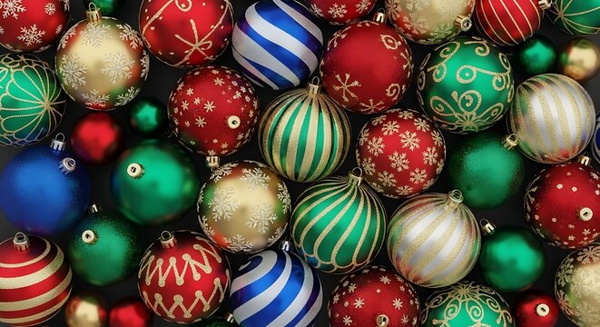 Festive christmas ornaments in red green gold and blue create a joyful holiday season background