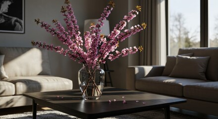Pink blossoms in glass vase on dark wood table in bright living room