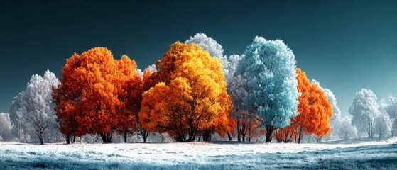 Whispers of november: a frost-kissed landscape in autumn's hand. Hero shot. Autumn's diverse tones: a meadow frosted under bright october sky. Branding asset. Clean retouch.