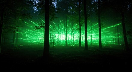 Green laser beams illuminate forest trees, creating a surreal, ethereal light display
