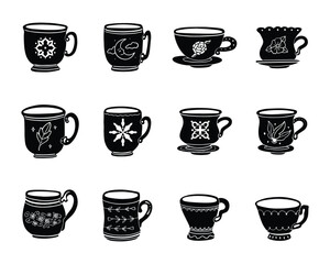 Tea coffee mug cup set collection pack bundle black shape icon silhouette vector flat illustration design on white background
