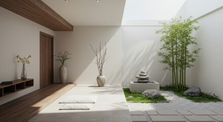 Serene zen interior with bamboo garden, stone fountain, and natural light
