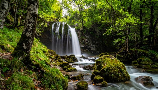 Lush forest scene featuring a cascading waterfall and flowing stream - Powered by Adobe