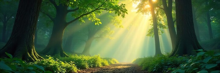 Sunbeams Illuminate Lush Forest Canopy, Dappled Light Creates Magical Atmosphere