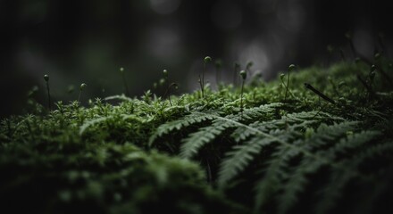 Detailed close-up of moss and ferns in a dark, moody forest setting