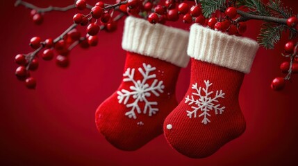 Two small red knitted Christmas stockings with white snowflake patterns hanging from a branch with red berries and pine leaves on a red background