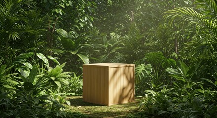 Wooden box in lush jungle setting, sunlight filtering through dense foliage