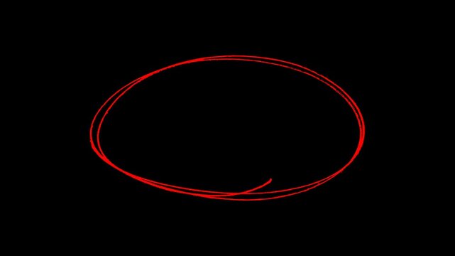 Hand-drawn red circle looping animation, frame-by-frame stop motion animation on a black background, stop motion sketch animation with alpha channel 