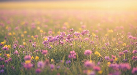 Meadow of purple and yellow wildflowers bathed in golden sunlight, soft focus