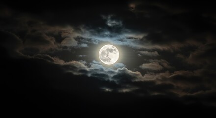 Ethereal full moon glowing through dark, swirling clouds in the night sky