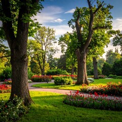 Obraz premium Lush green park with vibrant flowers and tall trees under a blue sky