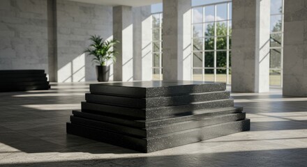 Modern architectural interior with black platform and natural light composition