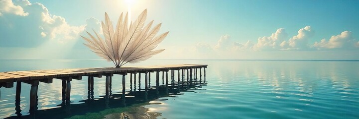 Sunlit Feather Pier A Surreal, Artistic Nature Scene of Intricate Feathers Forming a Delicate Pier Extending Over Tranquil Water, Perfect for Fantasy and Artistic Projects.
