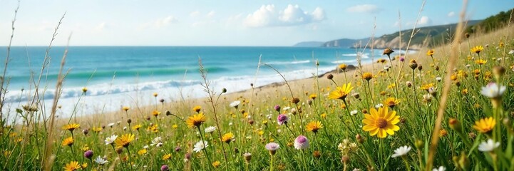 Serene Coastal Meadow Wildflowers Bloom in Gentle Ocean Breeze, Perfect for Travel & Summer Themes