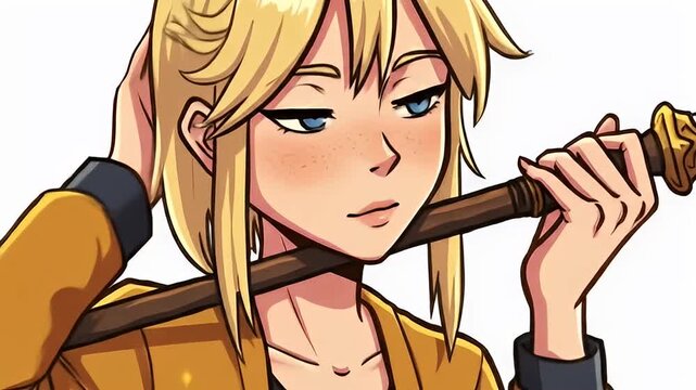 Animated girl with blonde hair holds spear, wearing jacket on a white background
