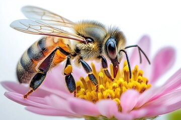 Close-up of a honeybee collecting nectar and pollen from the yellow center of a pink flower with delicate petals